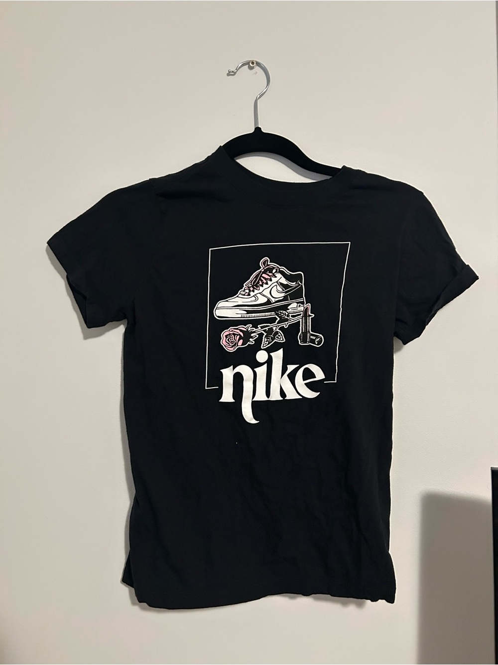 Nike Black Tee with White Logo and Pink Rose Graphic